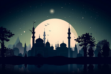 Islamic background with arabic pattern, mosque silhouette against the background of the moon. Template for inserting text, design. Generated by AI