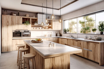 Modern interior design of kitchen with island in farmhouse. Created with generative AI