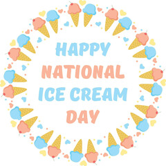 National Ice cream day. Vector illustration with round frame of desserts