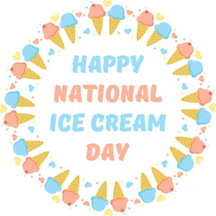 National Ice cream day. Vector illustration with round frame of desserts