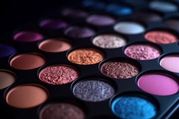 Naklejka premium Make-up concept. Close-up shot of eyeshadow, cosmetics, make-up collection. Professional eyeshadow palette macro shot background. Generative AI