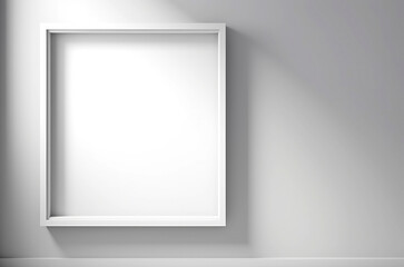 Generative AI illustration of Blank white wall with empty wooden frame,wide mockup