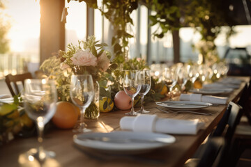 Fototapeta premium Romantic table setting with candles and flowers