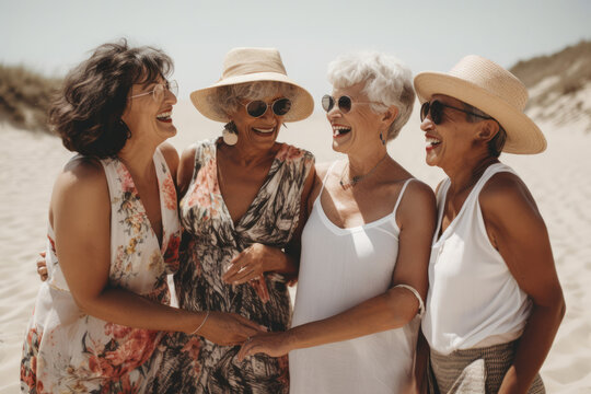 Elderly people enjoy company on sunny summer beach