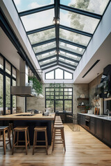 Generative AI illustration of designed cozy kitchen with glass roof, light and spacious high ceiling two floors volume with reclaimed wood furniture