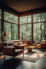 Generative AI illustration of a living-dining room with Nordic-style recycled wood furniture with glass walls overlooking the forest