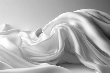 Generative AI illustration of Pure White satin fabric floating in the air from above view with movement on white background