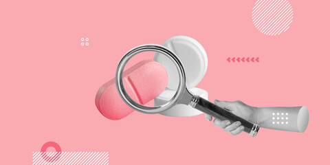 Pharmacology and prescription selection. Medical concept. Hand with magnifying glass and white and...