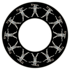 Circular ethnic frame with figurines of ancient Mayan goddess with serpent on her head. Codex design. Indigenous Native American art. 