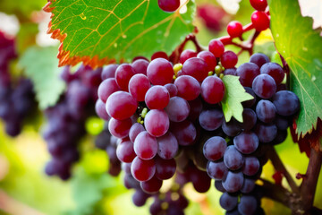 Macro photo of bright a bunch of red grapes on a vine with water drops. Wildlife concept of ecological environment. Generative AI