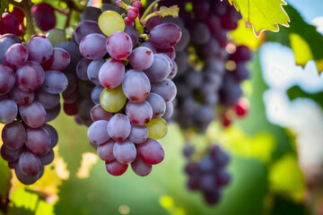 Macro photo of bright a bunch of red grapes on a vine with water drops. Wildlife concept of ecological environment. Generative AI