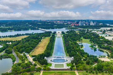 Aerial view of the Reflecting Pool in Washington DC, USA.