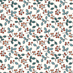 doodle seamless pattern with berries and leaves 