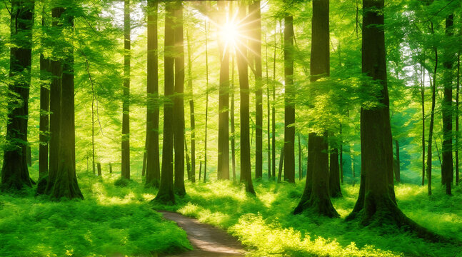 A peaceful summer day in a lush green forest, dappled with sunbeams and the tranquil sound of nature.