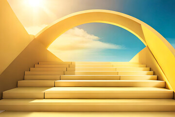 abstract sunny yellow background with shadows and bright sunlight. Minimal showcase scene with stairs and round arch for product presentation