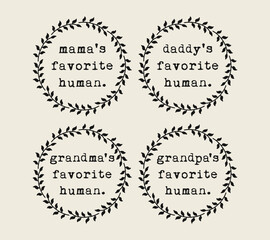 A set of t-shirt designs featuring wreath frames with laurel leaf silhouettes for different favorite humans.