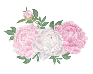 Floral bouquet of green leaves and flowers of white and pink peonies.
