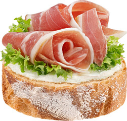 Baguette slice with smoked bacon rolls, toast with cream cheese and salad leaves, sandwich with pork brisket isolated on white background, full depth of field