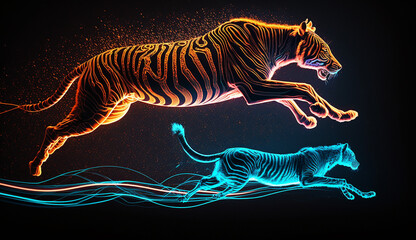 a angry tiger jump neon illustration AI generated