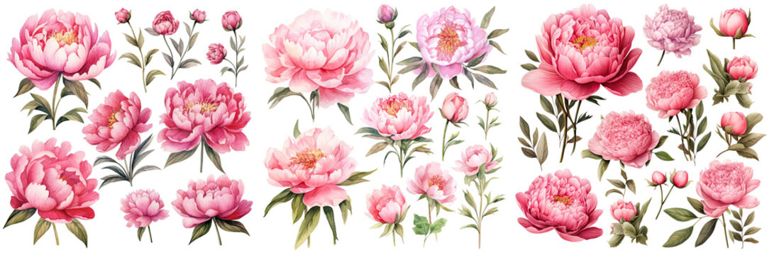 Set of Sweet pink peonies flower ,Watercolor collection of hand drawn flowers , Botanical plant illustration transparent background, PNG ,Generative AI