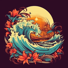 Surf tattoo. Surrealism, fantasy, vibrant colors. Art. Generated by AI.