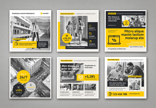 Social Media Square Post Templates in Pale Beige with Yellow and Black Elements
