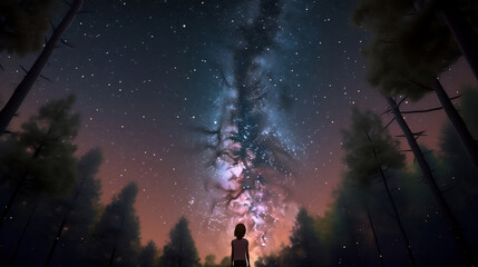 Fototapeta na wymiar A young girl gazes up at the stars
