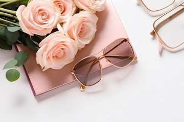 Obraz na płótnie Canvas Workplace women accessories, sunglasses, flowers. Pink flat lay. Generative AI.