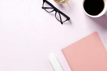 Flat lay blank paper sheet pink background, top view eyeglasses. Generative AI.