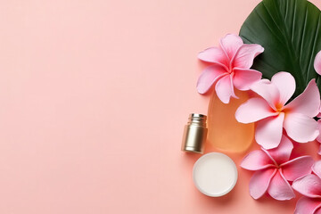 Beautiful composition with cosmetics fruits flowers on pink background, flat lay. Generative AI.