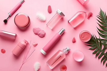 Beautiful composition with cosmetics on pink background, flat lay. Generative AI.