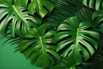 Tropical greenleaves Monstera background flat lay. Generative AI.