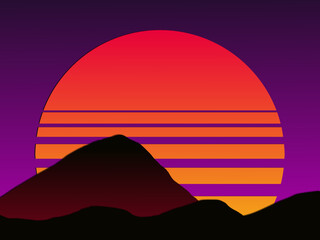 illustration of a sunset with mountain silhouette