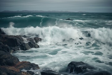 Fototapeta na wymiar waves breaking on rocks, rough sea, sea waves, AI, generative AI, created with AI