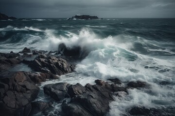 Fototapeta premium waves breaking on rocks, rough sea, sea waves, AI, generative AI, created with AI
