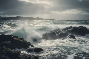 Obraz premium waves breaking on rocks, rough sea, sea waves, AI, generative AI, created with AI