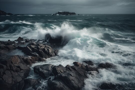 waves breaking on rocks, rough sea, sea waves, AI, generative AI, created with AI © RMKD