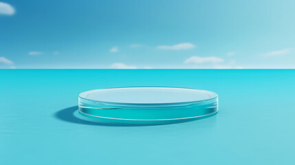 Abstract 3D Display Stand: Glass Podium on Blue Water Background. 3D Display Stand on Blue Water Background with Glass Podium Cosmetic Product Presentation. Generative AI illustration