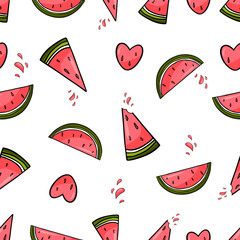 Cute summer seamless pattern with watermelon, watermelon slices and watermelon hearts. Great for menu design, packaging, banners or advertising. Vector illustration EPS10. isolated on white background