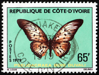 Fototapeta na wymiar Postage stamp Ivory Coast 1979 Boisduval's false acraea, butterfly