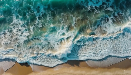 Obraz premium Aerial top down view of beach and sea with blue water waves. Ocean waves on the beach as a background. Beautiful natural summer vacation holidays background. 