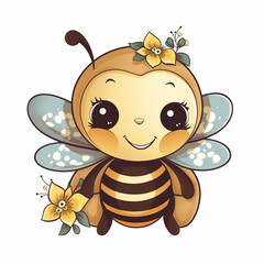 Cute cartoon bee with flowers on white background, Generative Ai