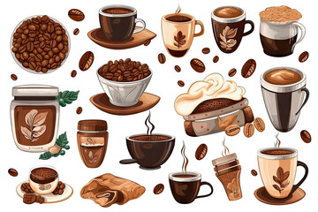 Watercolor Coffee elements menu objects isolated on white background, various coffee cups in cafe shop, morning drinks espresso, cappuccino, delicious beverages clipart set, with Generative Ai.