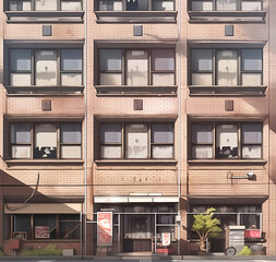 Obraz premium Frontal view of a tall building with many windows next to a street, matte drawing, conceptual art, anime-inspired design.