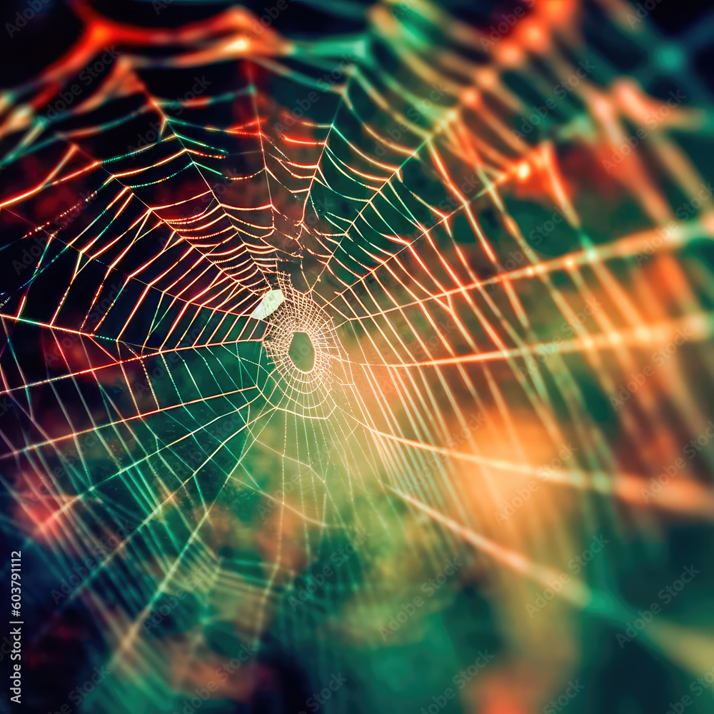 Sticker abstract illustration of a shiny spider web on a colored background, creating a blurry pattern of li