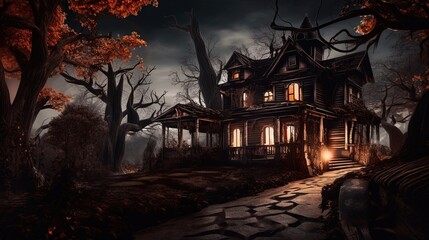 Spooky House on dark and evil Halloween night using generative AI