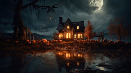 Haunted House on dark Halloween night using generative AI