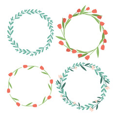 Set of decorative wreaths with fern and tulips and roses. Round vegetable frames.