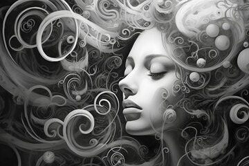Continuous loops of thoughts and emotions. Girl with flowing hair. Psychic waves, mental, emotional, spiritual journey black and white illustration. Generative AI.
