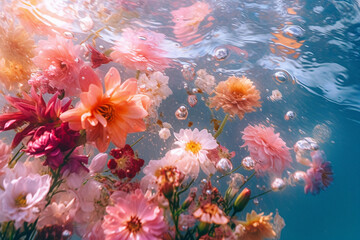 Fototapeta na wymiar Underwater creative concept of fresh spring summer flowers. Floral background or wallpaper in water. Valentines' day, birthday card. Illustration. Generative AI
